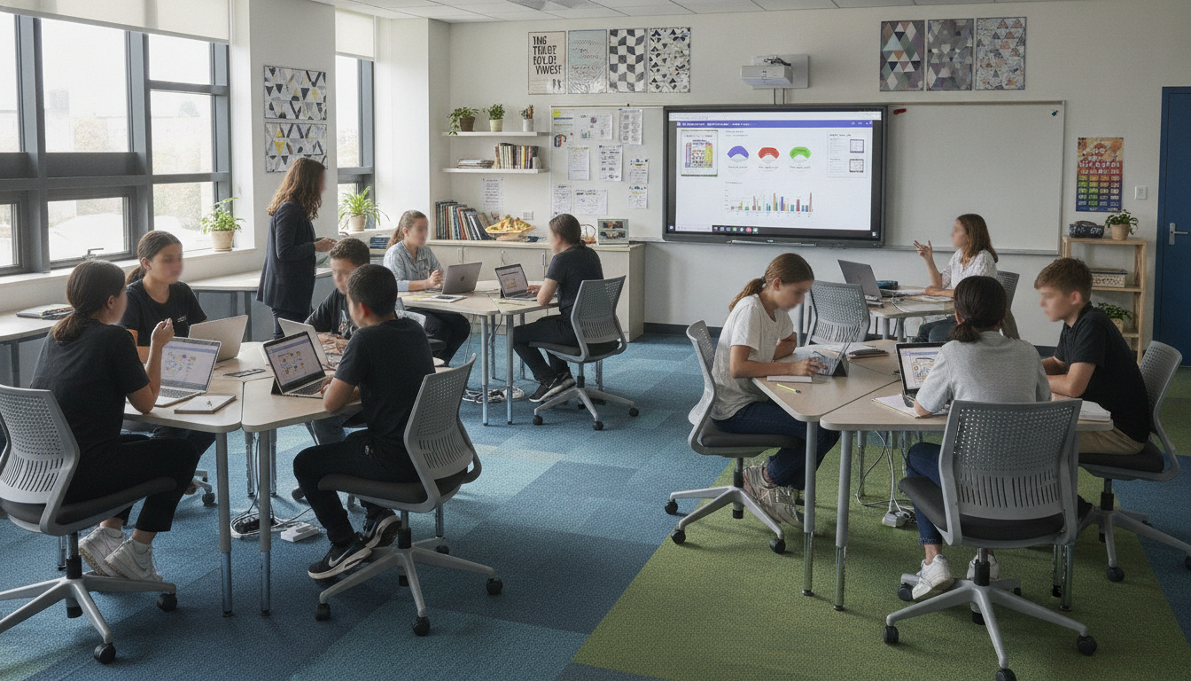 Aula moderna de colegio público con pizarra digital y alumnos trabajando en grupo, ambiente educativo actual, sin caras id...