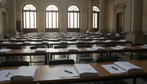 Sala de examen en un edificio administrativo público español, mesas alineadas con documentos y bolígrafos, sin personas id...