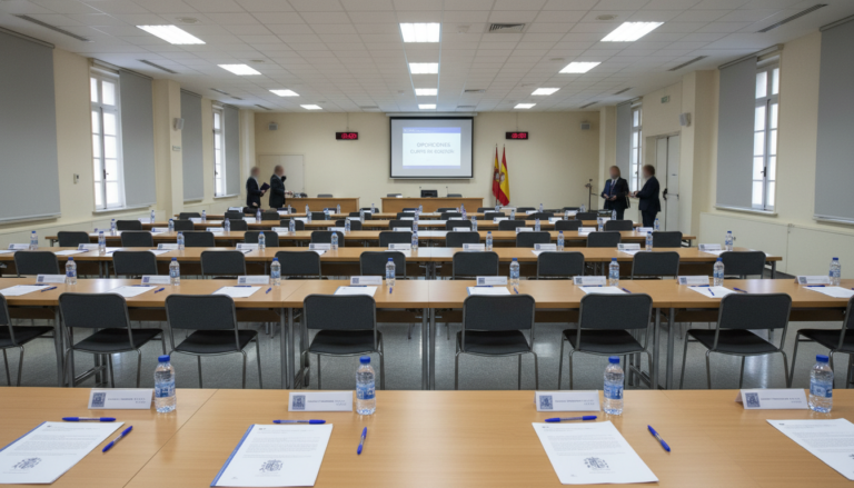 Sala de examen oficial en edificio administrativo español, mesas con papeles y bolígrafos preparadas para oposición, ambie...