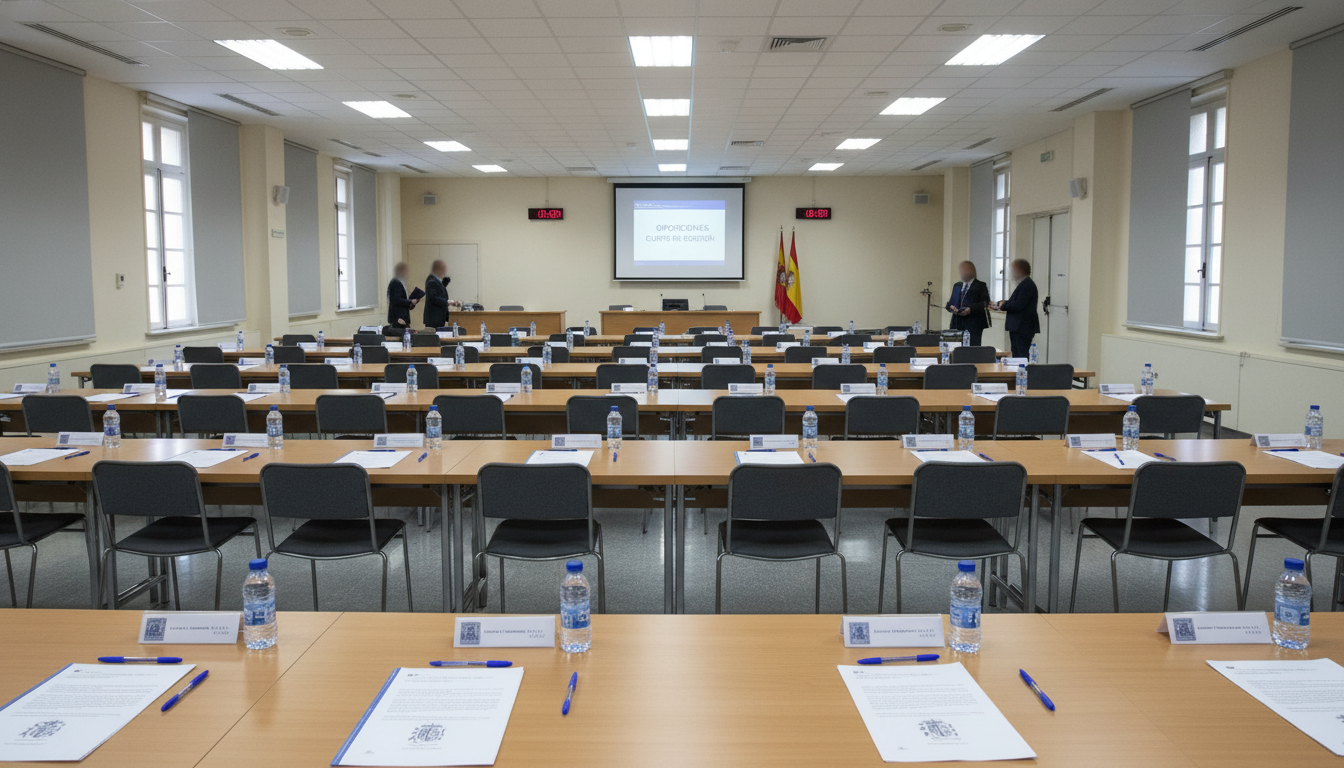 Sala de examen oficial en edificio administrativo español, mesas con papeles y bolígrafos preparadas para oposición, ambie...