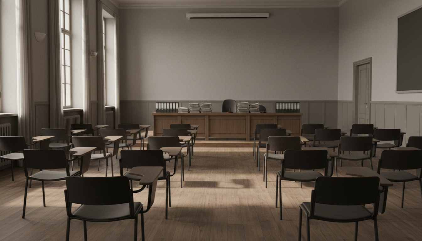 Sala de examen universitaria vacía, sillas con paleta de escritura, papeles de oposición sobre el escritorio del tribunal,...