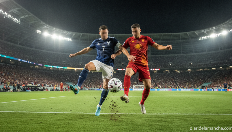 Football match action scene, two players from different national teams disputing the ball in the midfield of a modern stad...