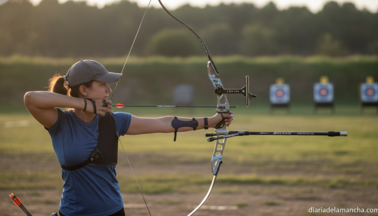 Female archer in competition stance drawing a recurve bow at an outdoor archery range, realistic sports photography, blurr...