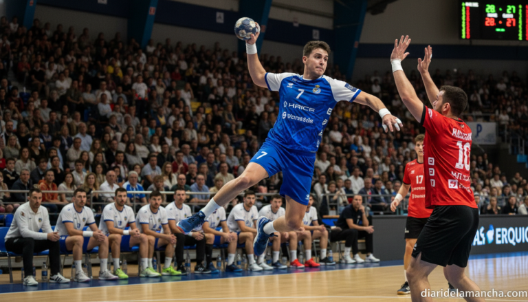 Realistic photojournalistic scene of handball match: male player in action throwing the ball towards goal, indoor sports a...