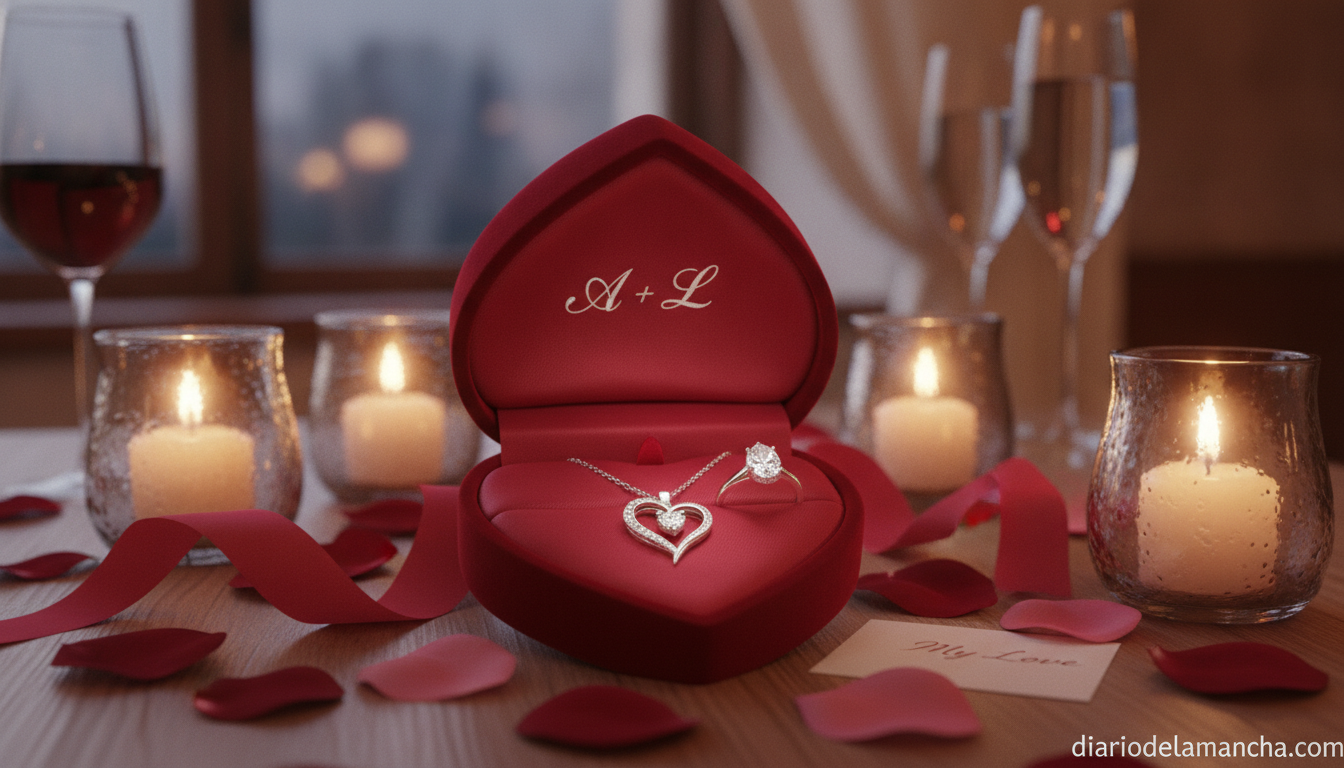 Descubre las joyas perfectas para conquistar y obsequiar en San Valentín 1 Joyas personalizadas en caja de regalo para San Valentín: collar de corazón y anillo sobre fondo romántico