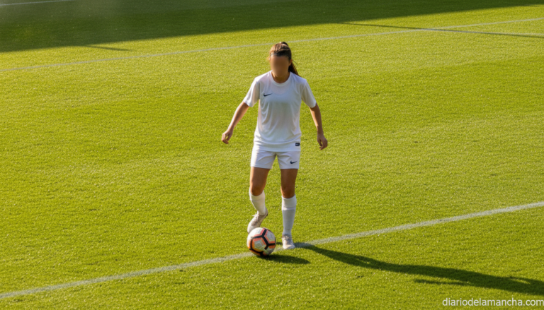 Young female soccer player training on a football pitch, wearing white jersey, dribbling a ball with confidence, sunny day...