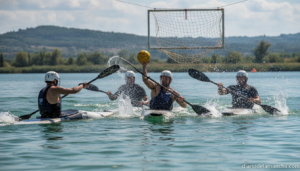 Action sports photography of kayak polo players competing on water during a championship match. Athletes paddling kayaks, ...