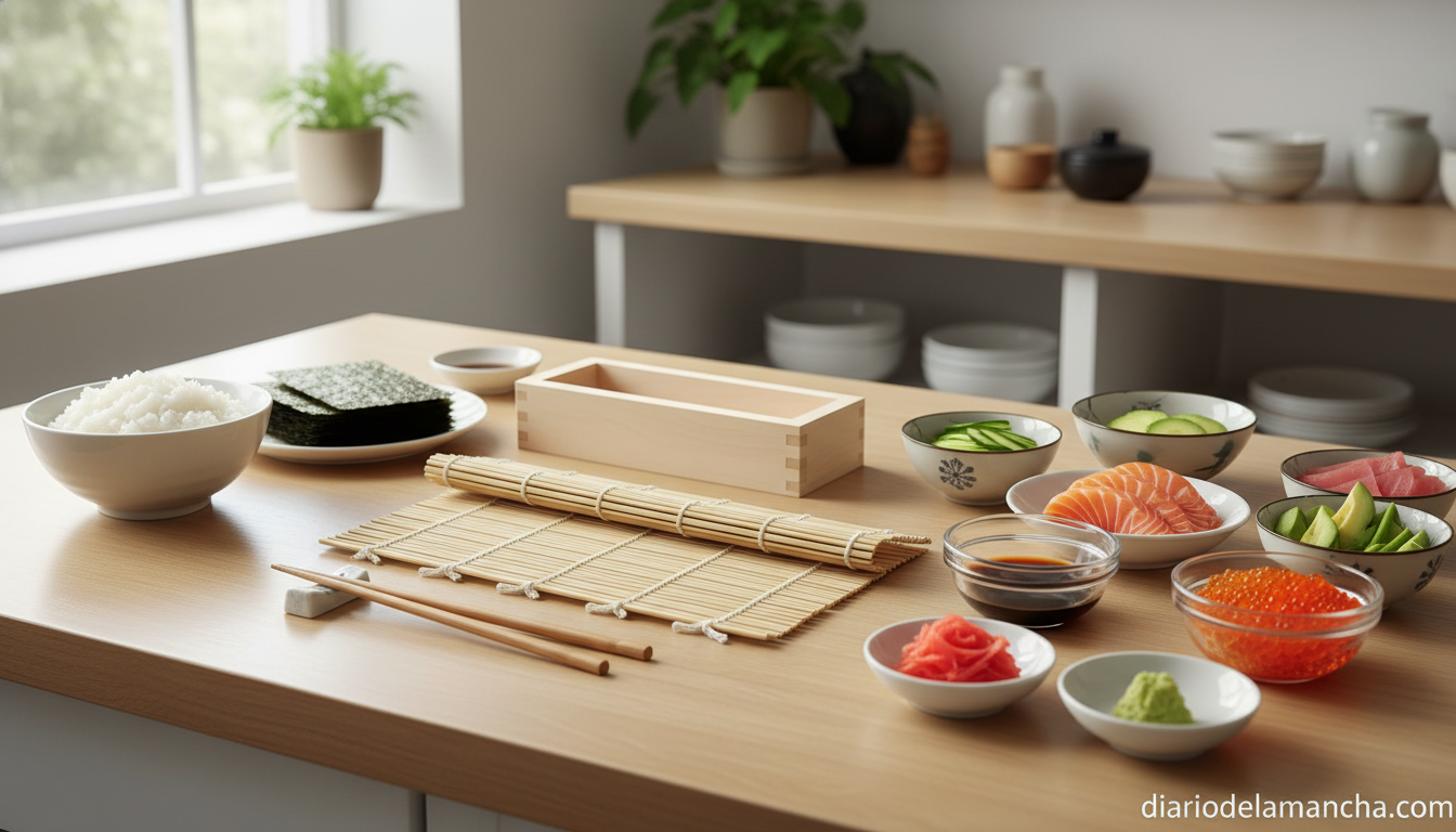 Kit para hacer sushi en casa con utensilios de bambú y ingredientes