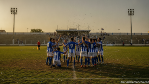 A football team in a municipal stadium celebrating a result at the end of a match, players wearing blue and white uniforms...