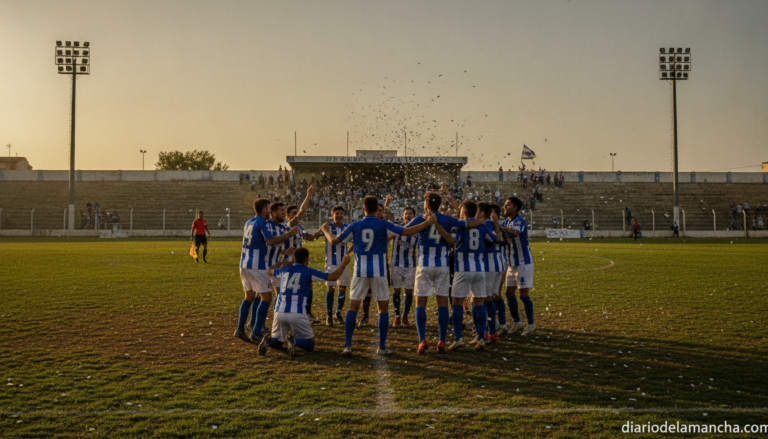 A football team in a municipal stadium celebrating a result at the end of a match, players wearing blue and white uniforms...