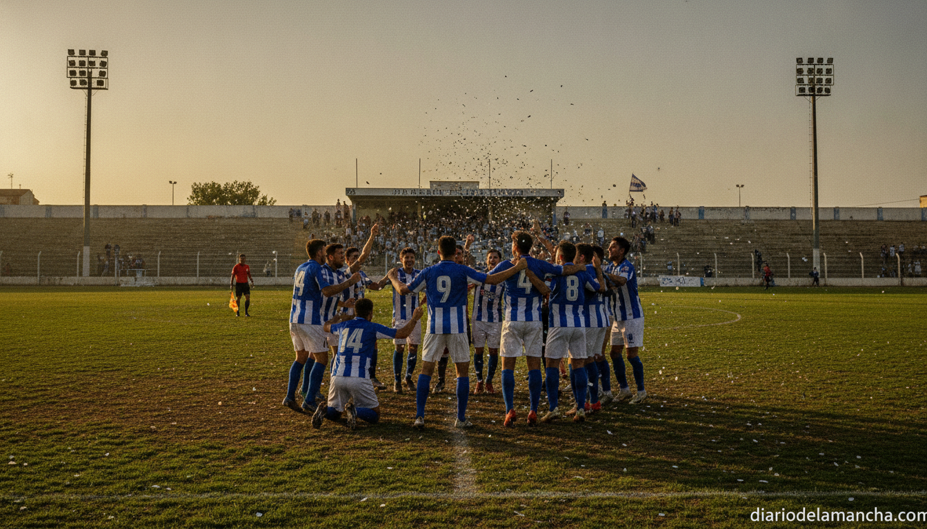 A football team in a municipal stadium celebrating a result at the end of a match, players wearing blue and white uniforms...