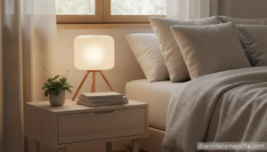 Lámpara inalámbrica recargable para mesita de noche en dormitorio minimalista