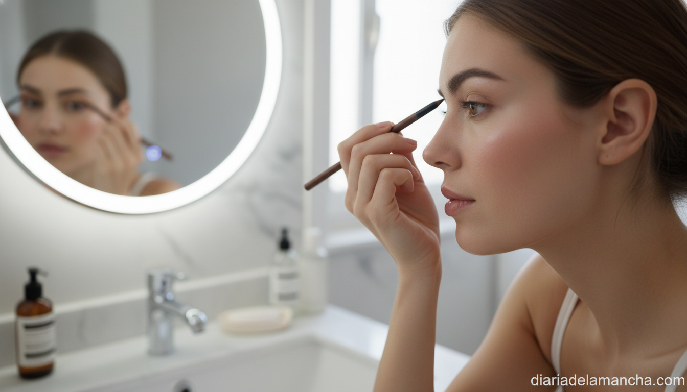 Mujer aplicando lápiz de cejas efecto microblading frente al espejo