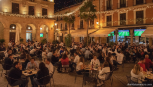 Vibrant outdoor plaza in a Spanish city at night, diverse people gathered at bar terraces celebrating and watching footbal...