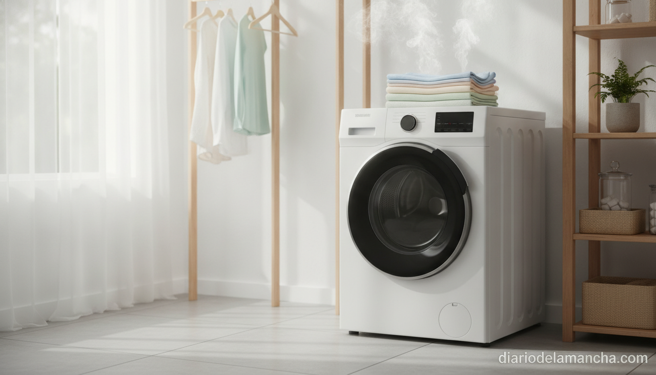 Revitaliza tu ropa: Lava, seca y reduce arrugas con eficacia 1 Lavadora secadora AEG Serie 7000 ProSteam en cuarto de lavandería moderno