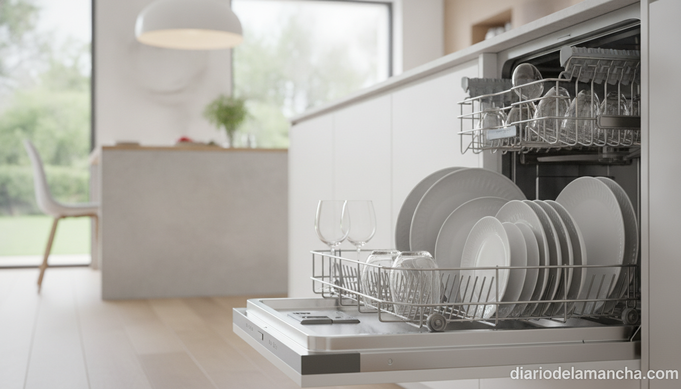 Este lavavajillas revoluciona la limpieza: limpia 3 veces mejor y seca sin usar electricidad 1 Lavavajillas moderno con autoapertura y vajilla limpia en cocina contemporánea