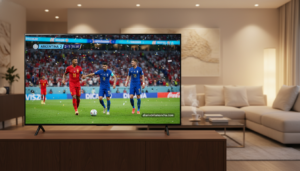 Smart TV LG UA74 55 pulgadas en salón mostrando partido del Mundial
