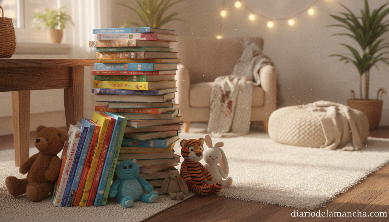 Libros infantiles de fantasía en mesa de madera ambiente acogedor