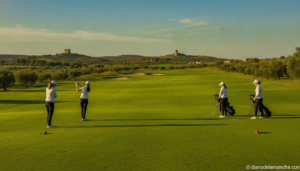Women golfers playing on a sunny golf course in Castilla-La Mancha, Spain. Wide angle view of the fairway with green hills...