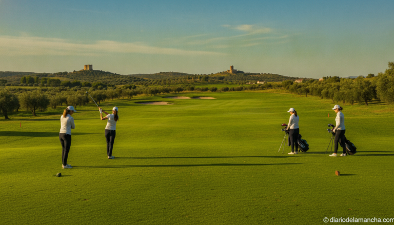 Women golfers playing on a sunny golf course in Castilla-La Mancha, Spain. Wide angle view of the fairway with green hills...
