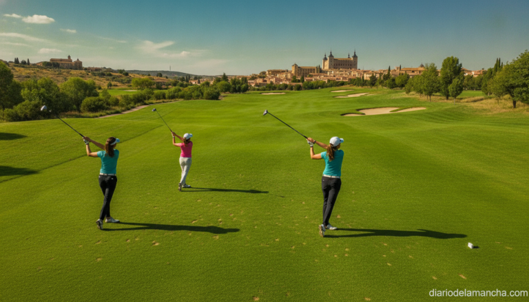 Women golfers playing on a green golf course in Toledo, Spain. Female players in sportswear swinging golf clubs on a sunny...