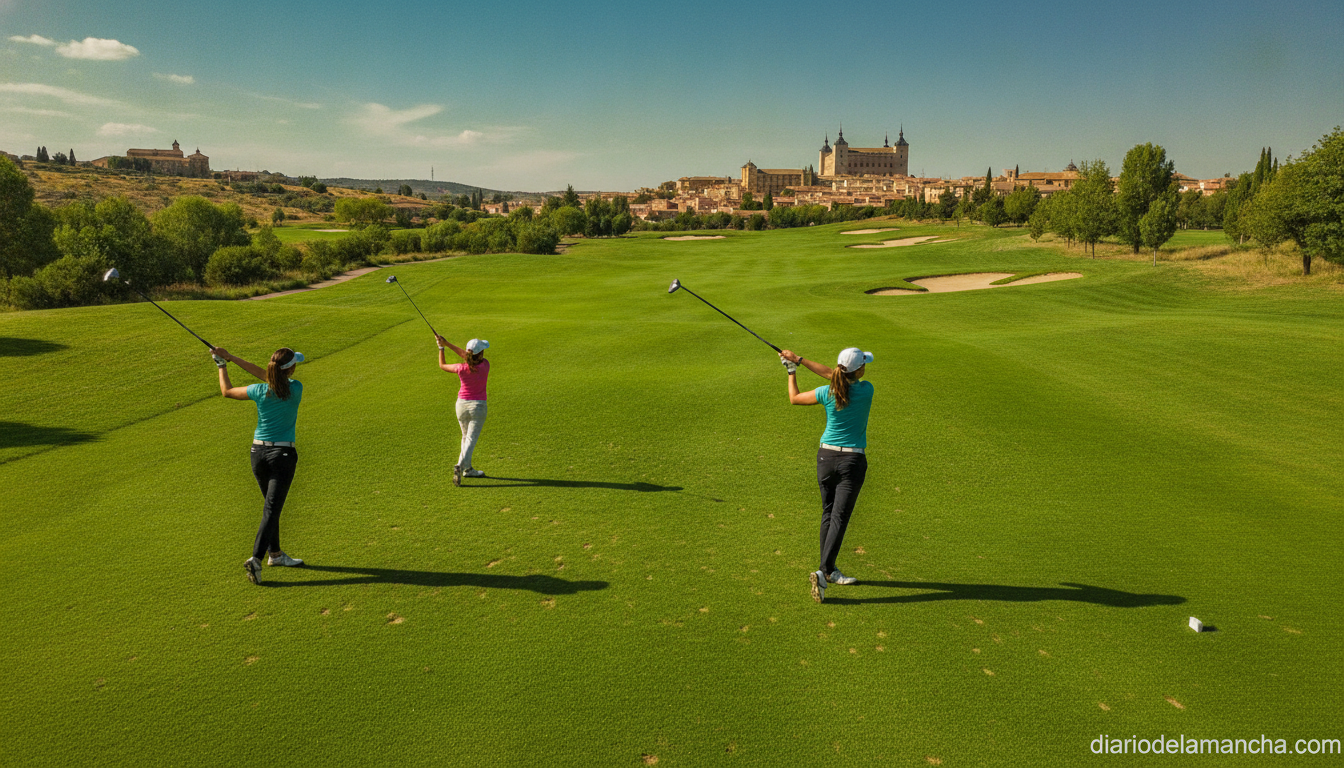 Women golfers playing on a green golf course in Toledo, Spain. Female players in sportswear swinging golf clubs on a sunny...