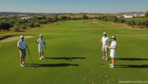 Senior golfers playing on a sunny golf course in Castilla-La Mancha, Spain. Green fairways with players in summer attire h...