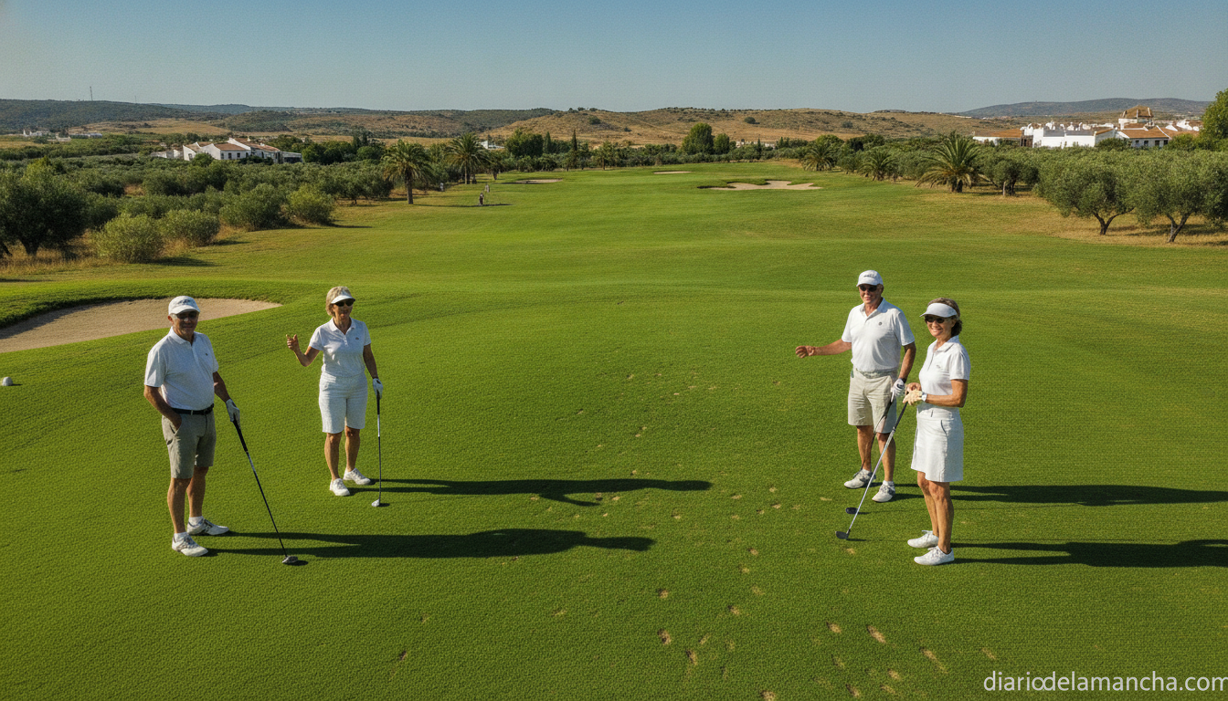 Senior golfers playing on a sunny golf course in Castilla-La Mancha, Spain. Green fairways with players in summer attire h...