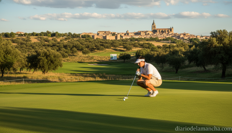 Young amateur golfer putting on a pristine golf green surrounded by lush Spanish countryside landscape, afternoon golden l...