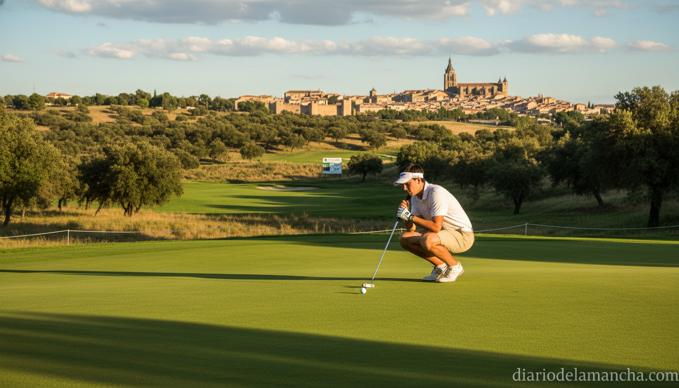 Young amateur golfer putting on a pristine golf green surrounded by lush Spanish countryside landscape, afternoon golden l...