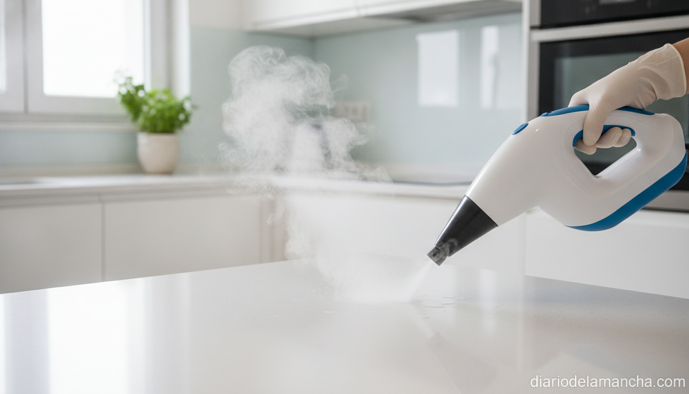 Descubre el limpiador de vapor portátil de Amazon para una limpieza profunda en tu hogar 1 Limpiador de vapor portátil en uso sobre superficie de cocina moderna