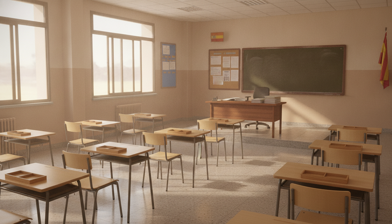 Classroom interior with school desks and chairs arranged in rows, teacher's desk at front, natural light coming through wi...
