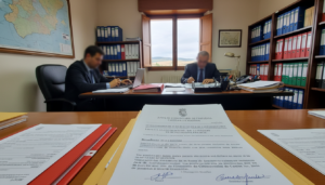 Oficina administrativa docente en Castilla-La Mancha, escritorio con documentos oficiales, resolución de adjudicación de p...