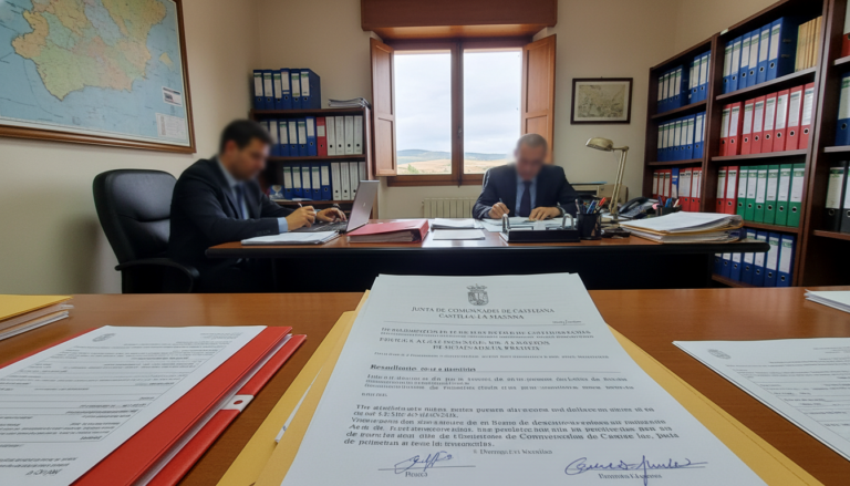 Oficina administrativa docente en Castilla-La Mancha, escritorio con documentos oficiales, resolución de adjudicación de p...