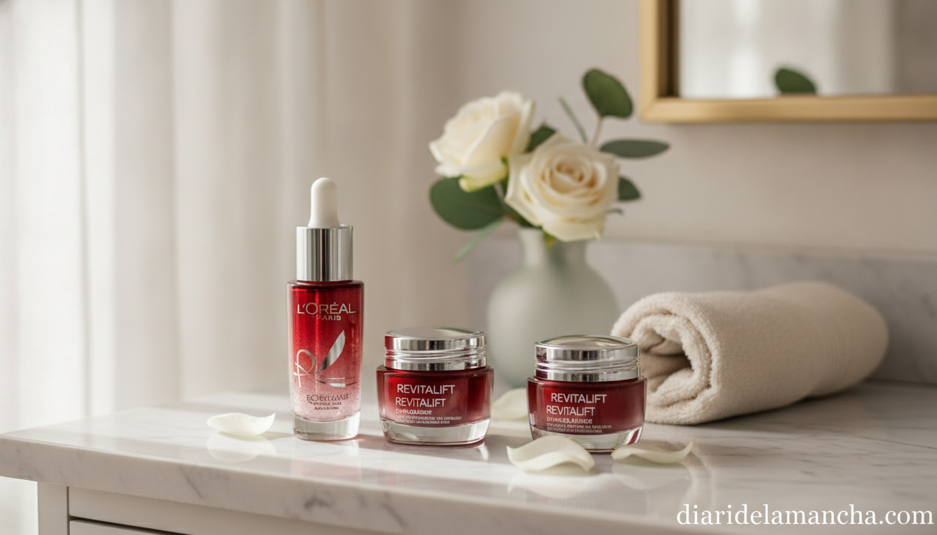 Rutina antiedad L'Oréal Revitalift: sérum, crema de día y crema de noche sobre tocador