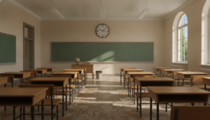 Aula de un colegio público con pupitres vacíos ordenados en filas, pizarra verde al fondo y ventanas con luz natural. Sin ...