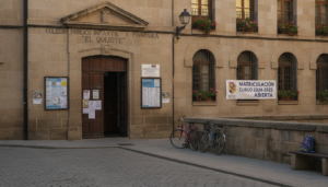 Colegio de educación primaria en una ciudad castellana, fachada con carteles informativos, entorno urbano tranquilo, luz d...