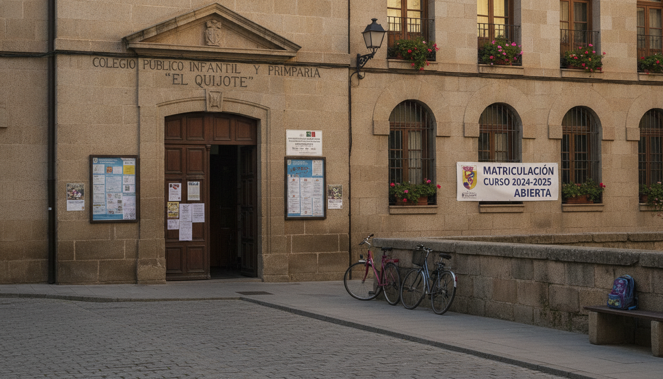 Colegio de educación primaria en una ciudad castellana, fachada con carteles informativos, entorno urbano tranquilo, luz d...