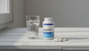 Suplemento magnesio complex cápsulas sobre mesa de cocina con vaso de agua