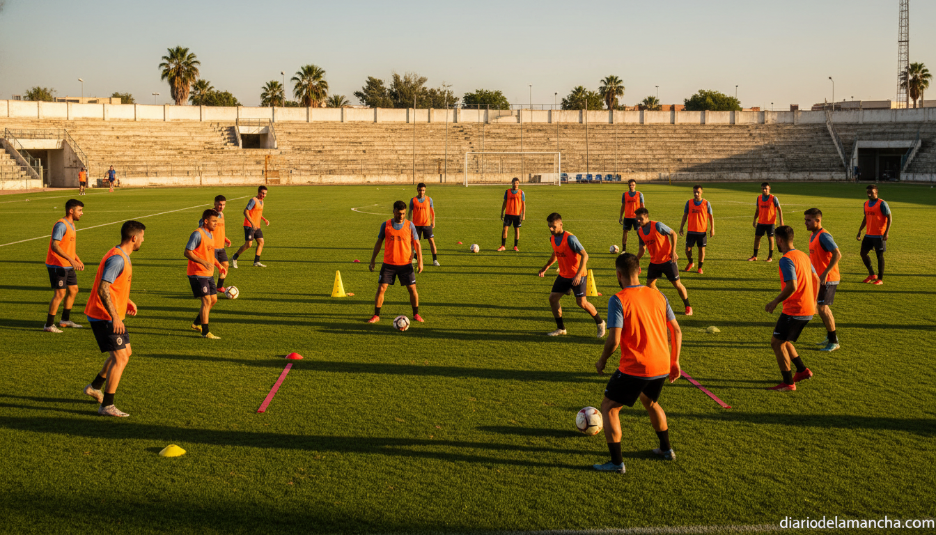 Football training session on a grass pitch in Spain, players performing tactical drills with cones and orange bibs, late a...