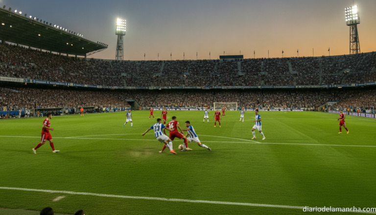 Football match scene on a grass pitch, players in action during a playoff game, wide angle view of the stadium with specta...