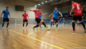 Indoor futsal match, players competing on a yellow-lined court with arena lighting, intense action, no identifiable faces,...