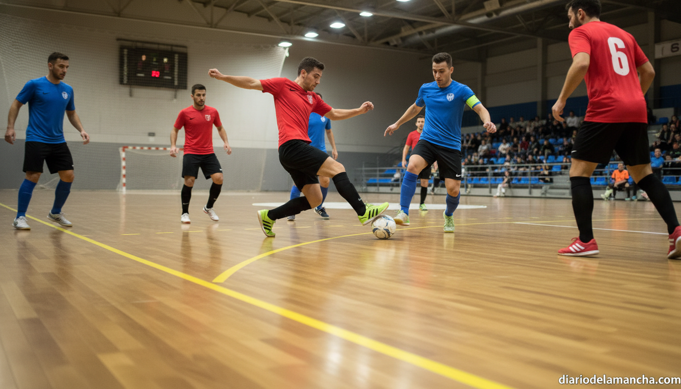 Indoor futsal match, players competing on a yellow-lined court with arena lighting, intense action, no identifiable faces,...