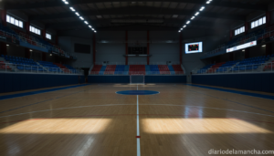 Indoor futsal arena with dramatic lighting, empty sports court floor with markings, sports facility atmosphere, bleachers ...