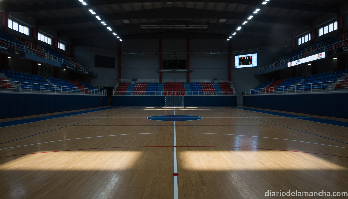 Indoor futsal arena with dramatic lighting, empty sports court floor with markings, sports facility atmosphere, bleachers ...