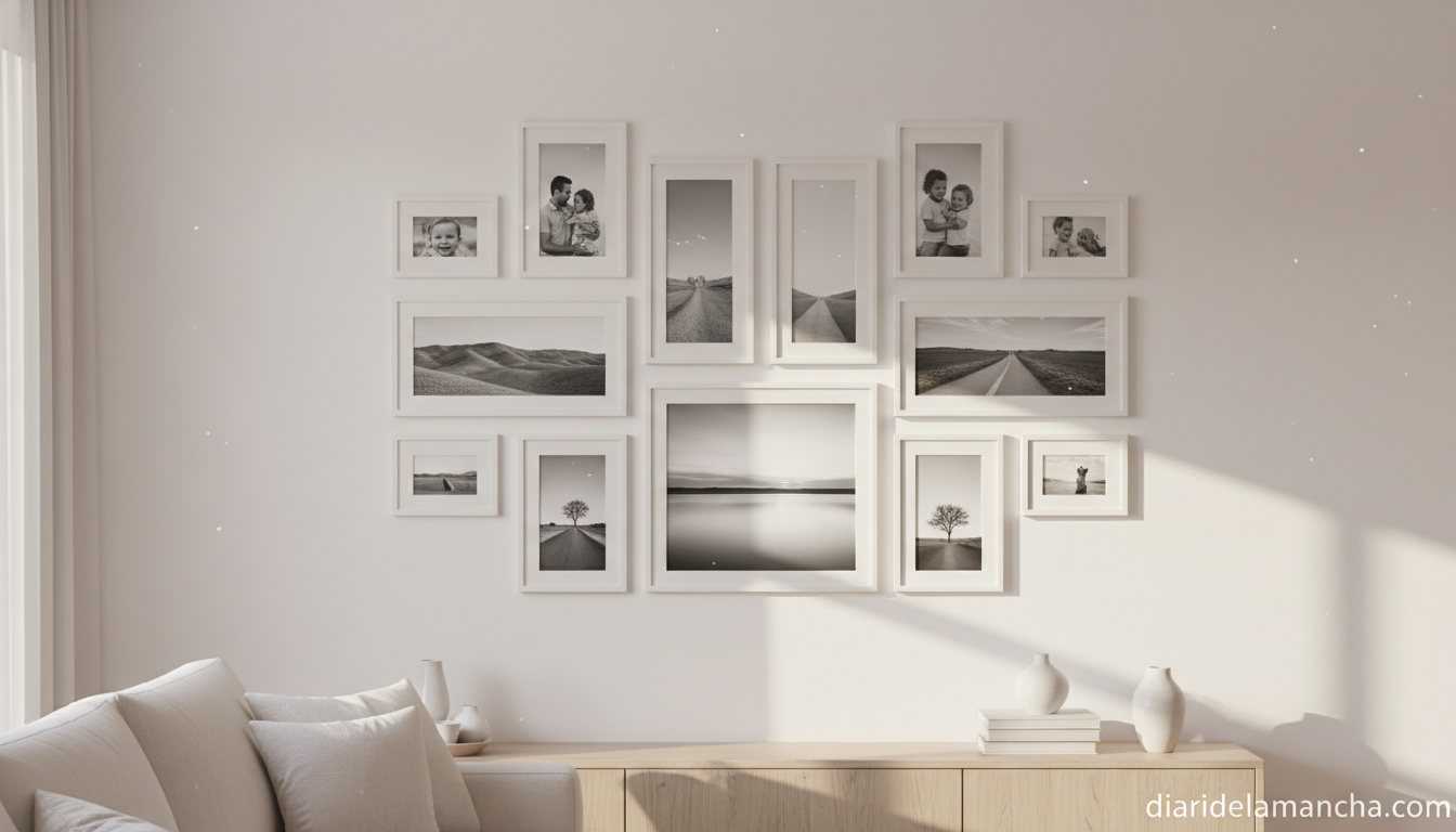 Galeria de marcos fotográficos minimalistas en pared de salón, decoración moderna para el hogar