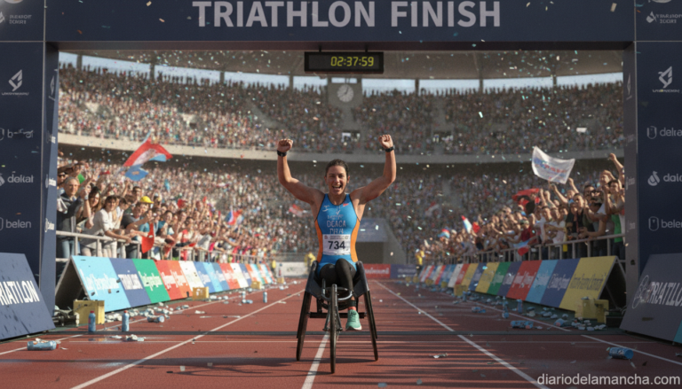 A Paralympic female athlete crossing the finish line of a triathlon race, wearing a race bib, realistic sports photography...
