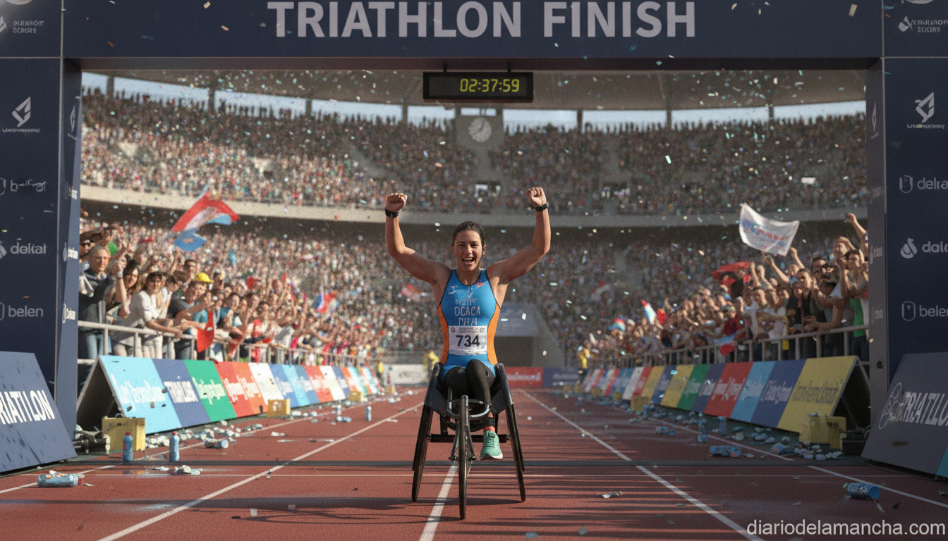 A Paralympic female athlete crossing the finish line of a triathlon race, wearing a race bib, realistic sports photography...