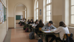 Instituto de educación secundaria en Castilla-La Mancha, pasillo con aulas abiertas y alumnos en clase, ambiente académico...