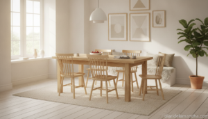 Conjunto mesa y sillas de madera de pino macizo en comedor nórdico